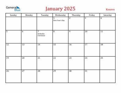 Current month calendar with Kosovo holidays for January 2025