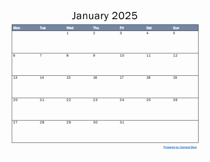 January 2025 Simple Month Calendar Template