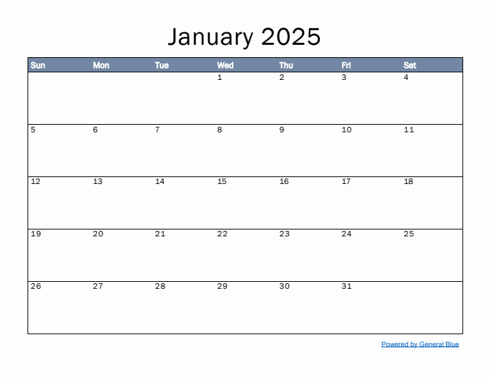 January 2025 Simple Month Calendar Template