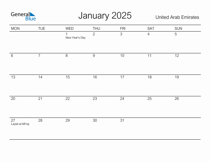 Printable January 2025 Calendar for United Arab Emirates