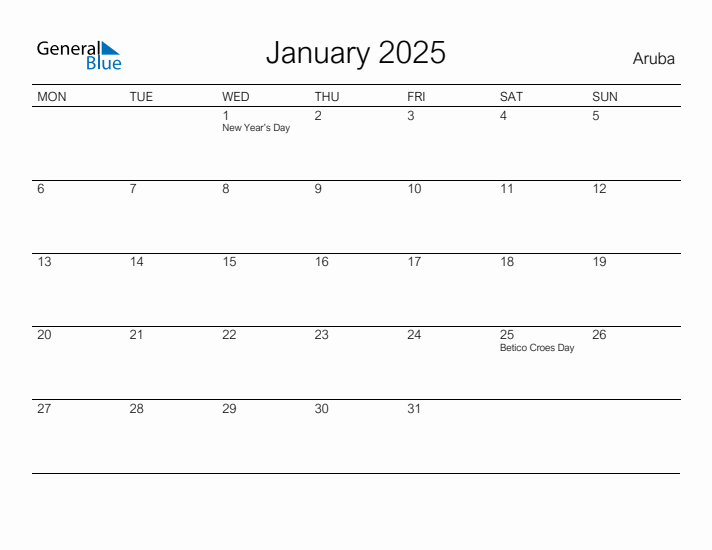 Printable January 2025 Calendar for Aruba