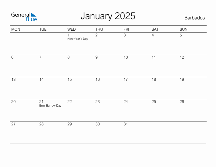 Printable January 2025 Calendar for Barbados