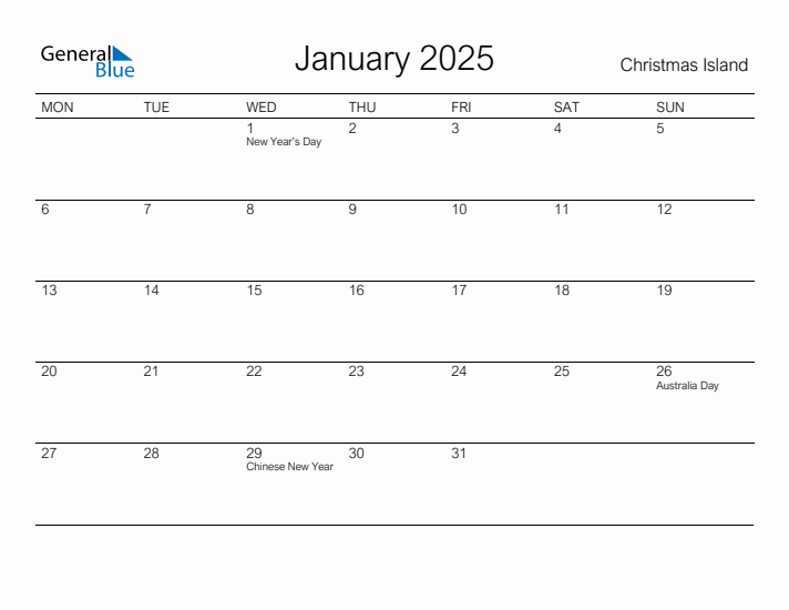 Printable January 2025 Calendar for Christmas Island