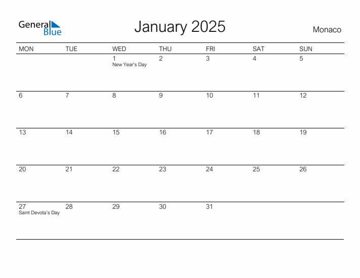 Printable January 2025 Calendar for Monaco