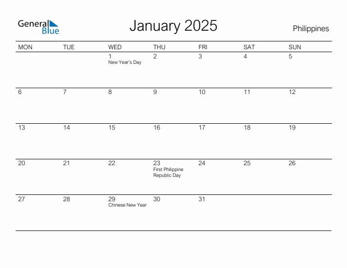 Printable January 2025 Calendar for Philippines