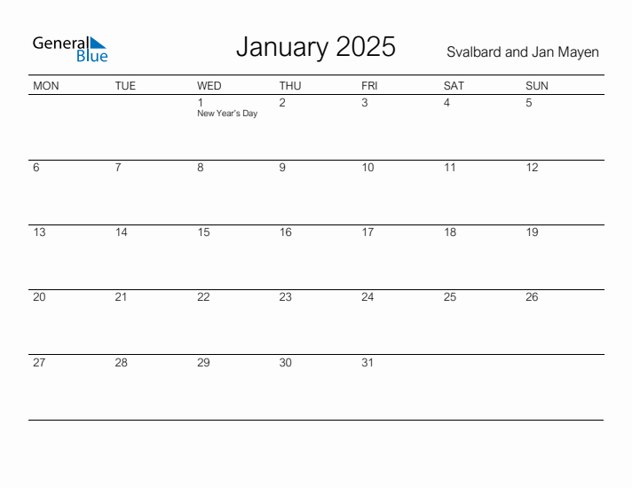 Printable January 2025 Calendar for Svalbard and Jan Mayen