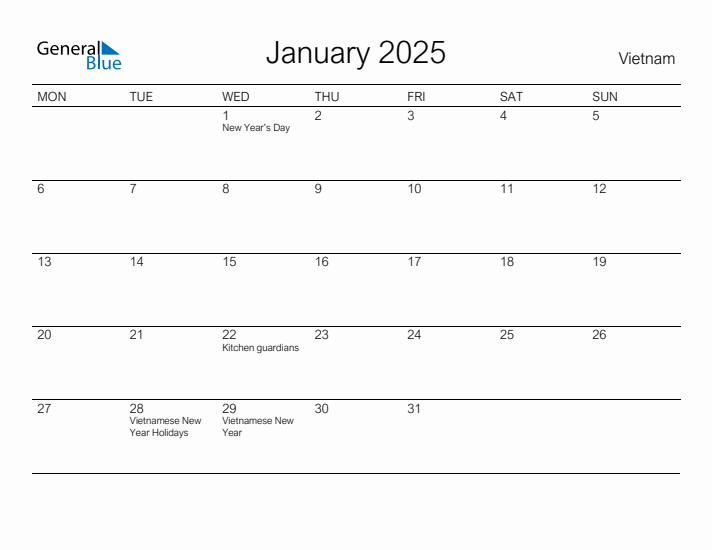 Printable January 2025 Calendar for Vietnam