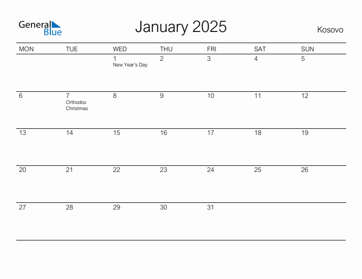 Printable January 2025 Calendar for Kosovo