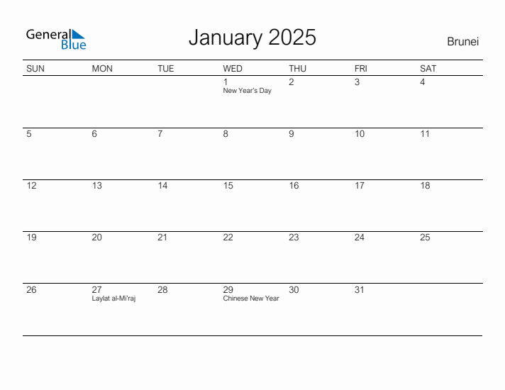 Printable January 2025 Calendar for Brunei