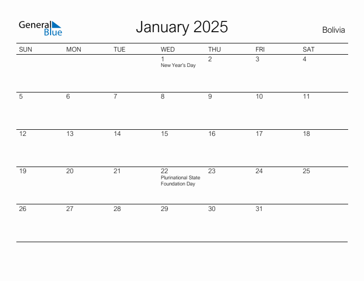 Printable January 2025 Calendar for Bolivia