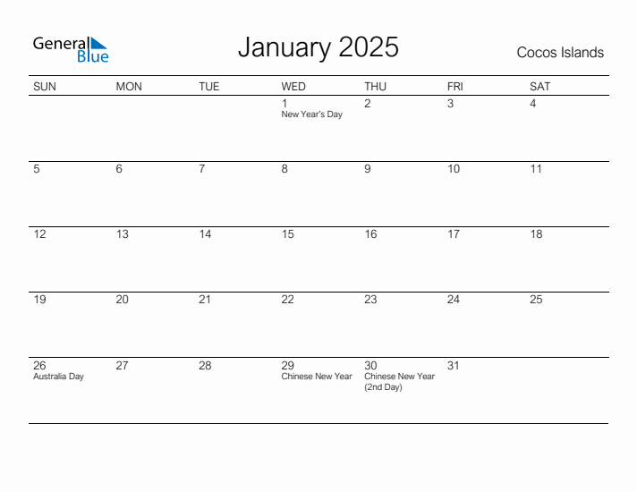 Printable January 2025 Calendar for Cocos Islands