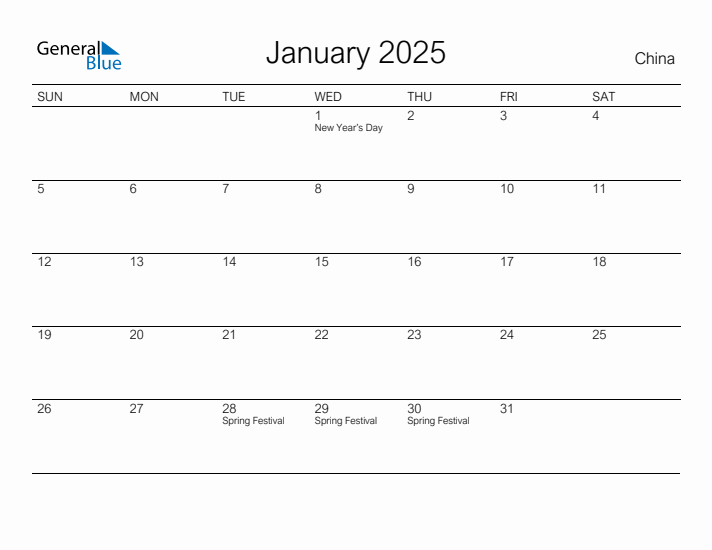 Printable January 2025 Calendar for China