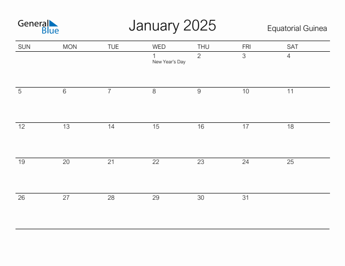 Printable January 2025 Calendar for Equatorial Guinea