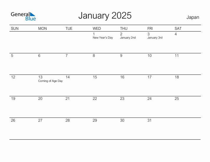 Printable January 2025 Calendar for Japan