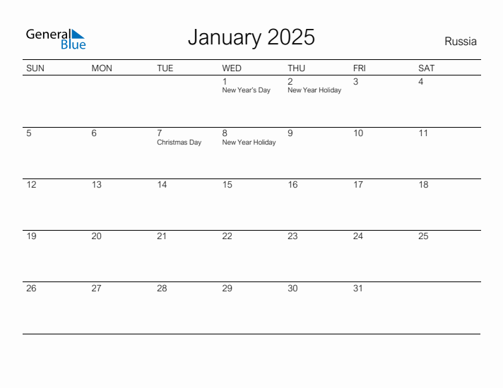 Printable January 2025 Calendar for Russia