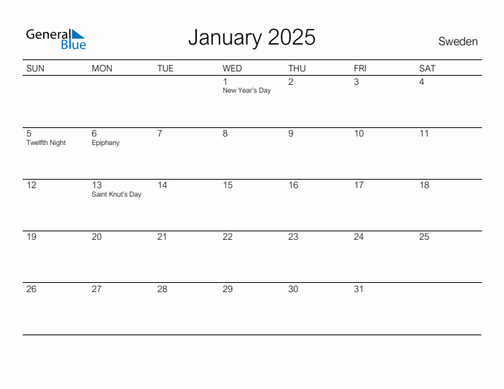 Printable January 2025 Calendar for Sweden