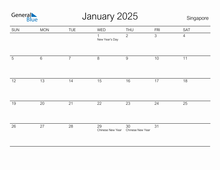 Printable January 2025 Calendar for Singapore