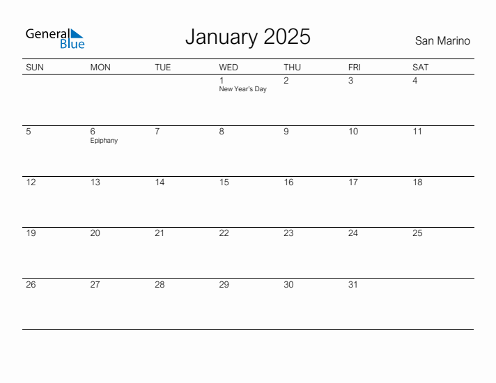 Printable January 2025 Calendar for San Marino