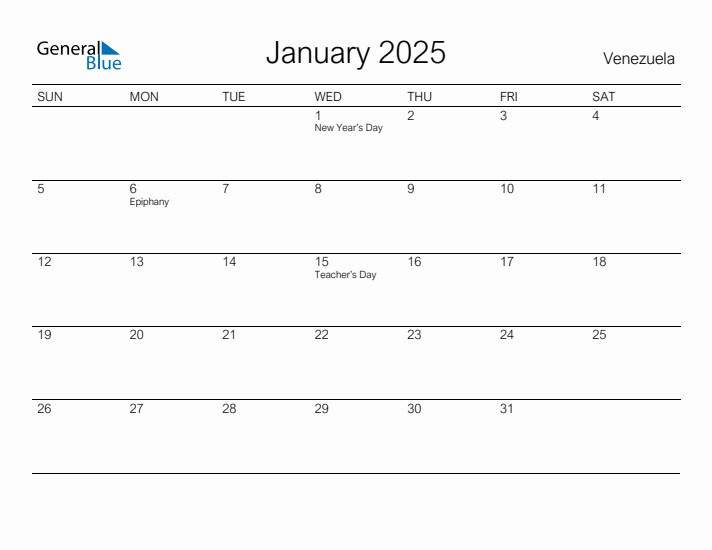 Printable January 2025 Calendar for Venezuela