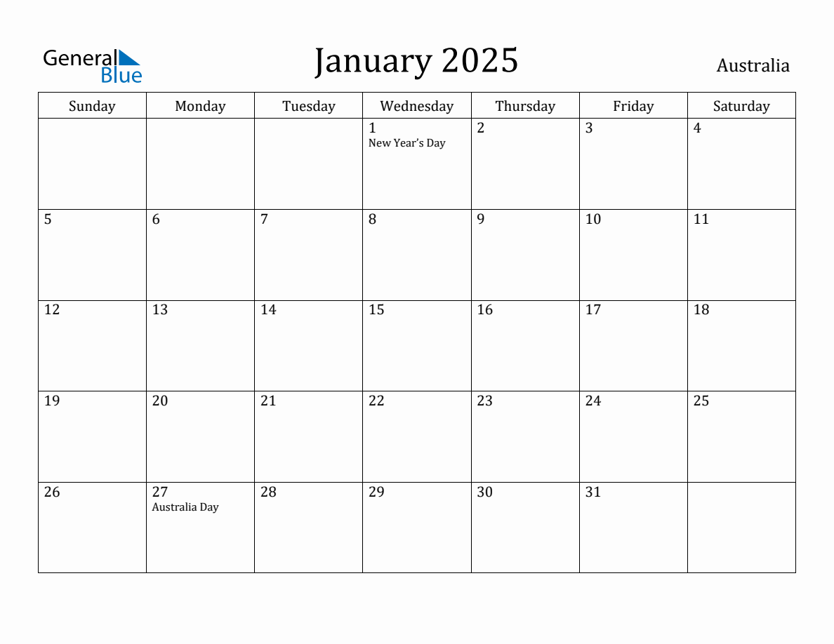 January 2025 monthly calendar with holidays in Australia