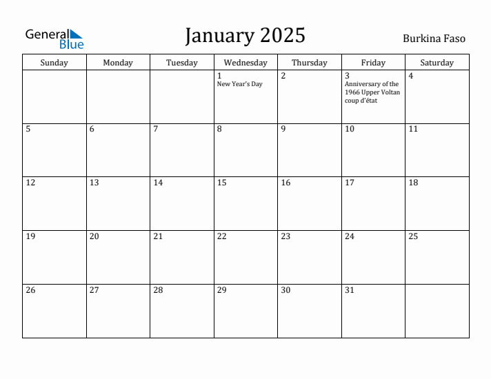 January 2025 Calendar Burkina Faso