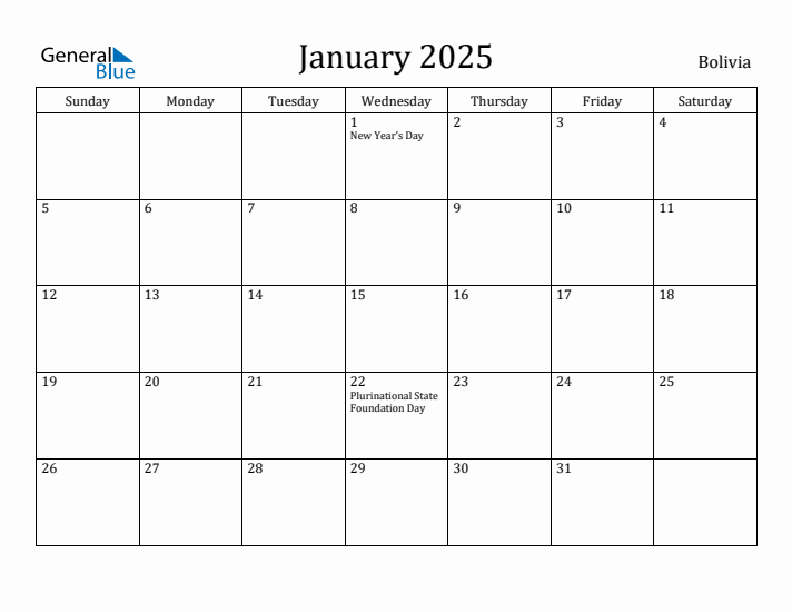 January 2025 Calendar Bolivia