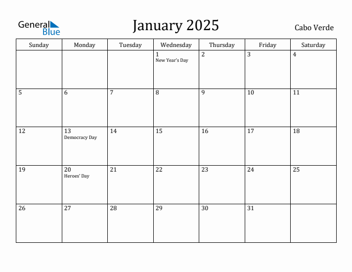 January 2025 Calendar Cabo Verde