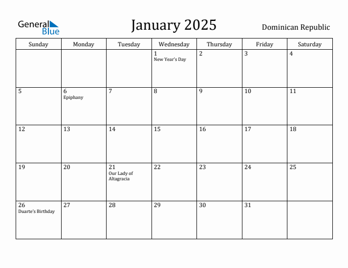 January 2025 Calendar Dominican Republic