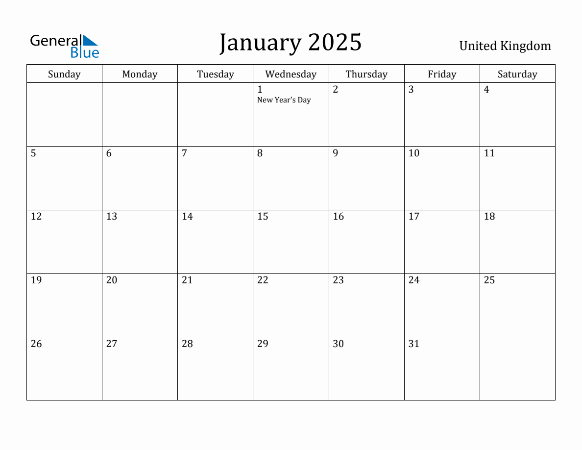 January 2025 monthly calendar with holidays in United Kingdom