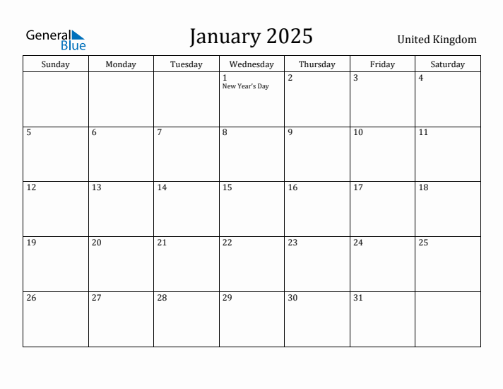 January 2025 Calendar United Kingdom