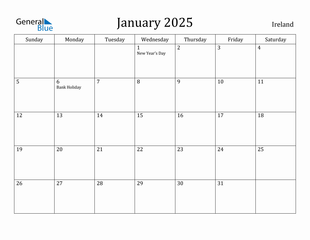 January 2025 monthly calendar with holidays in Ireland