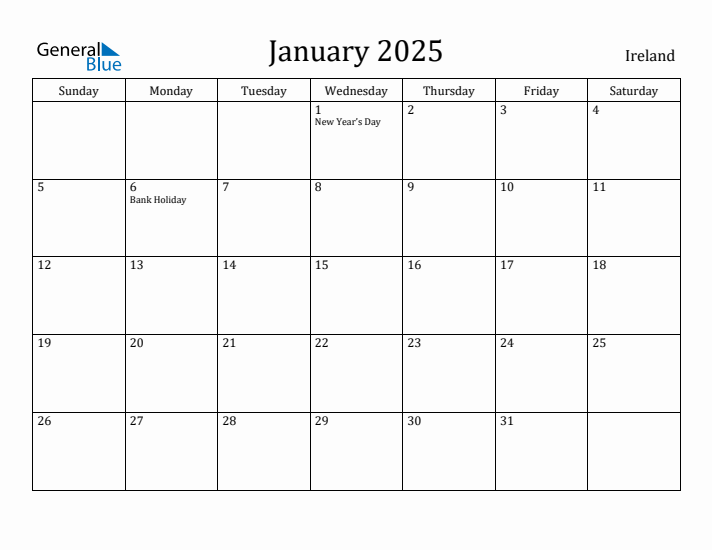 January 2025 Calendar Ireland