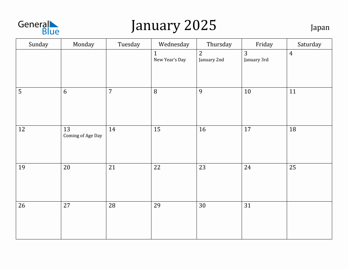 January 2025 monthly calendar with holidays in Japan