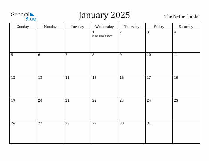 January 2025 Calendar The Netherlands