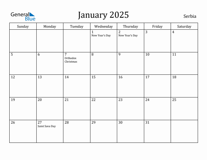 January 2025 Calendar Serbia