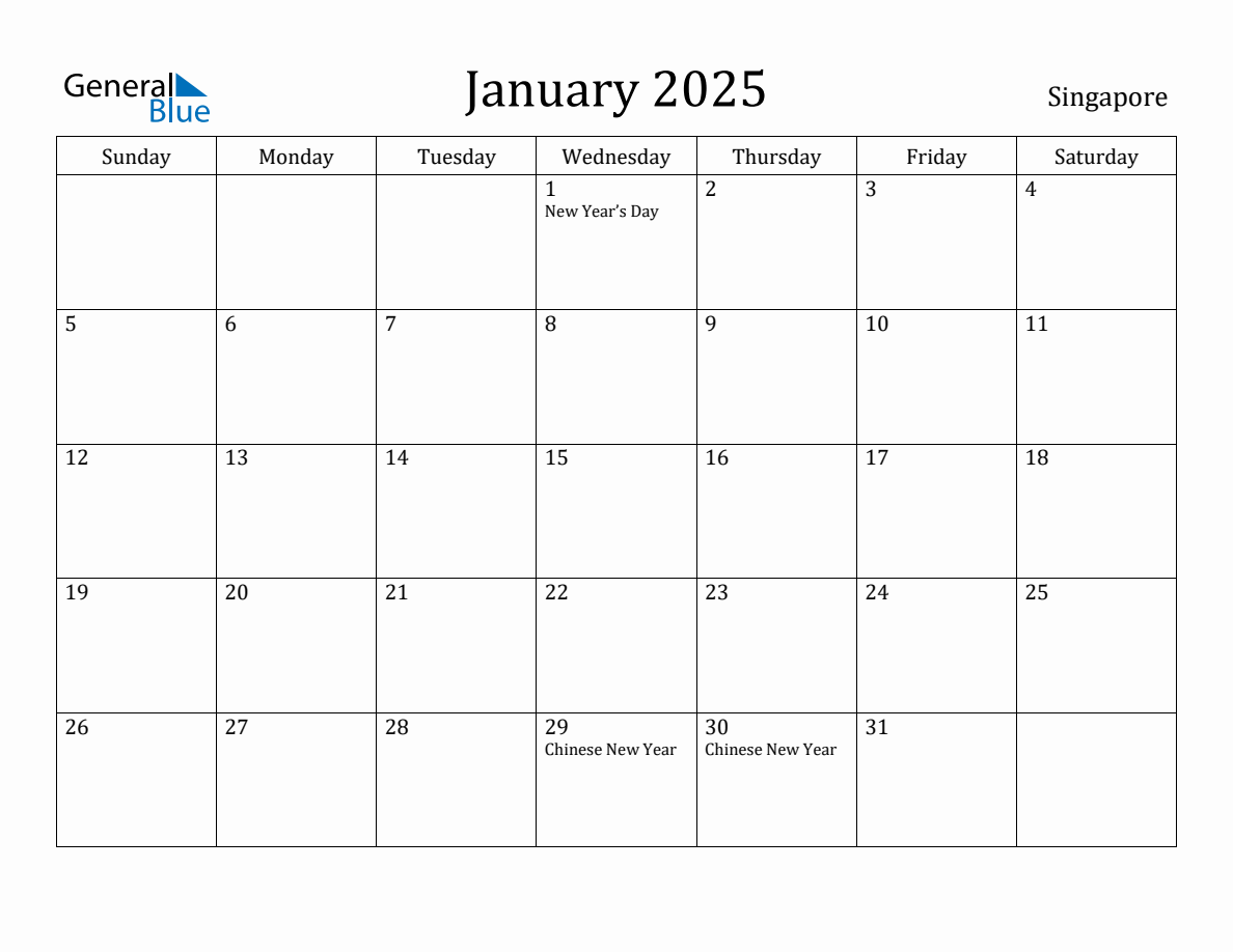 January 2025 monthly calendar with holidays in Singapore