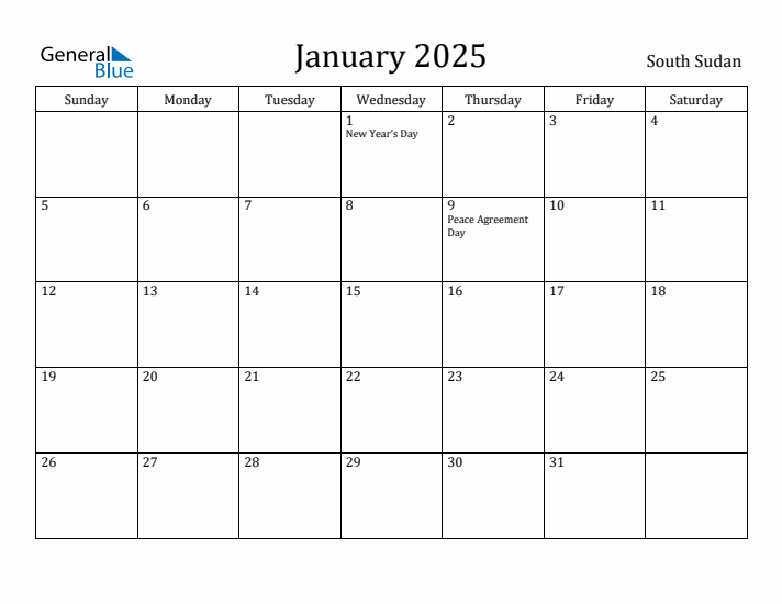 January 2025 Calendar South Sudan