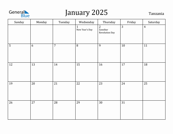 January 2025 Calendar Tanzania