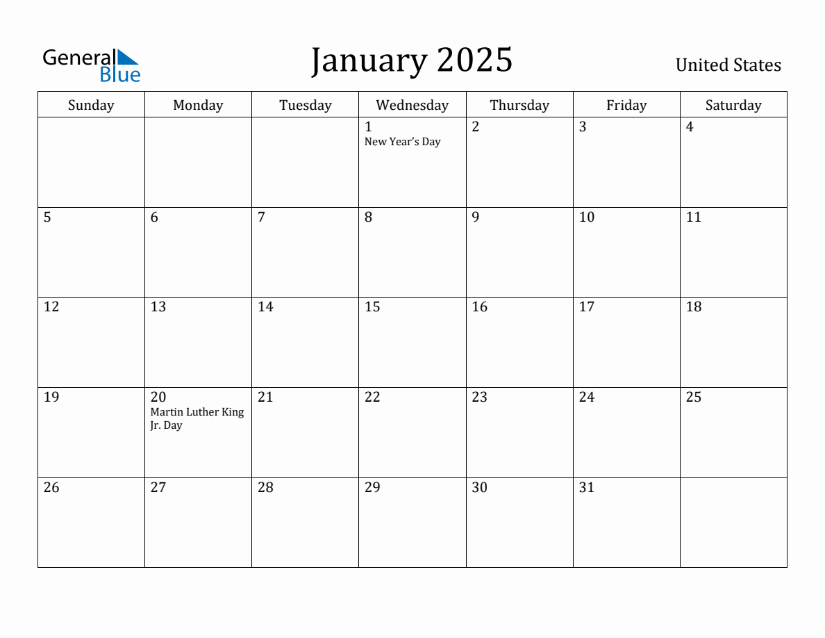 January 2025 monthly calendar with holidays in United States