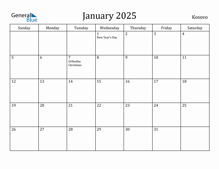 January 2025 Calendar Kosovo