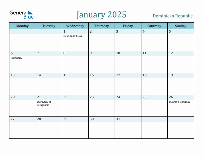 January 2025 Calendar with Holidays