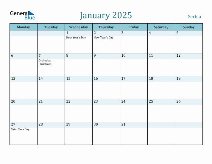 January 2025 Calendar with Holidays