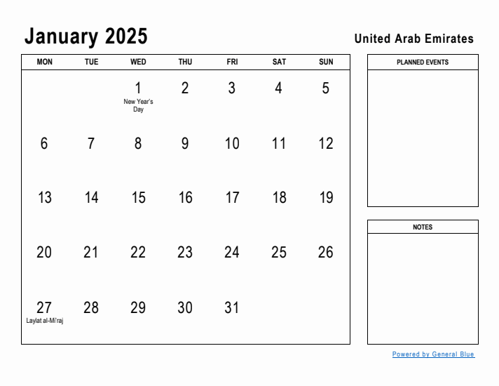 January 2025 Printable Monthly Calendar with United Arab Emirates Holidays