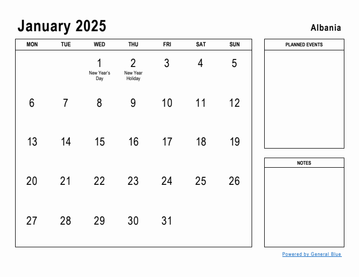 January 2025 Printable Monthly Calendar with Albania Holidays