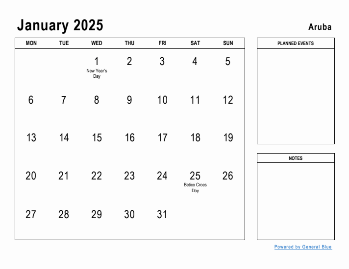 January 2025 Printable Monthly Calendar with Aruba Holidays