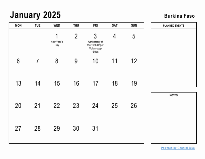 January 2025 Printable Monthly Calendar with Burkina Faso Holidays