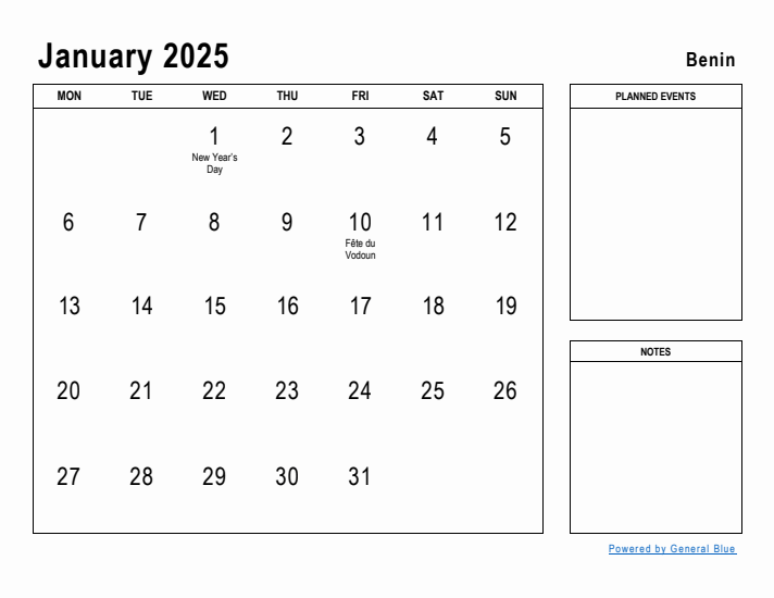 January 2025 Printable Monthly Calendar with Benin Holidays