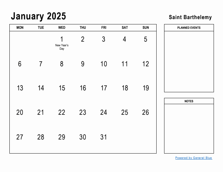 January 2025 Printable Monthly Calendar with Saint Barthelemy Holidays