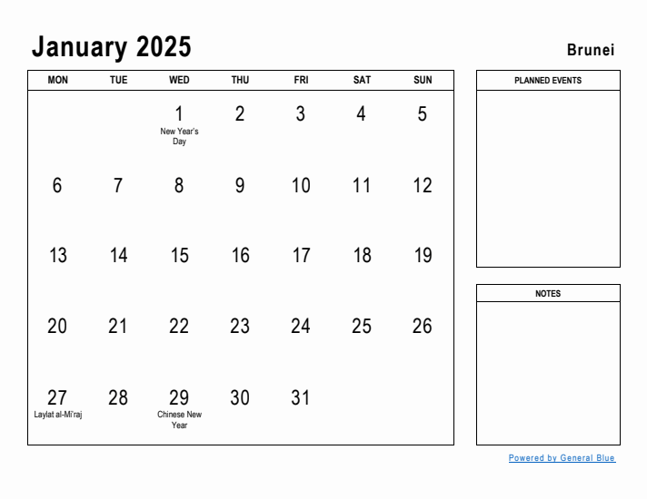 January 2025 Printable Monthly Calendar with Brunei Holidays