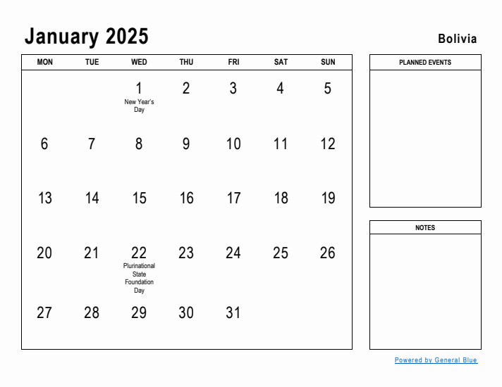 January 2025 Printable Monthly Calendar with Bolivia Holidays